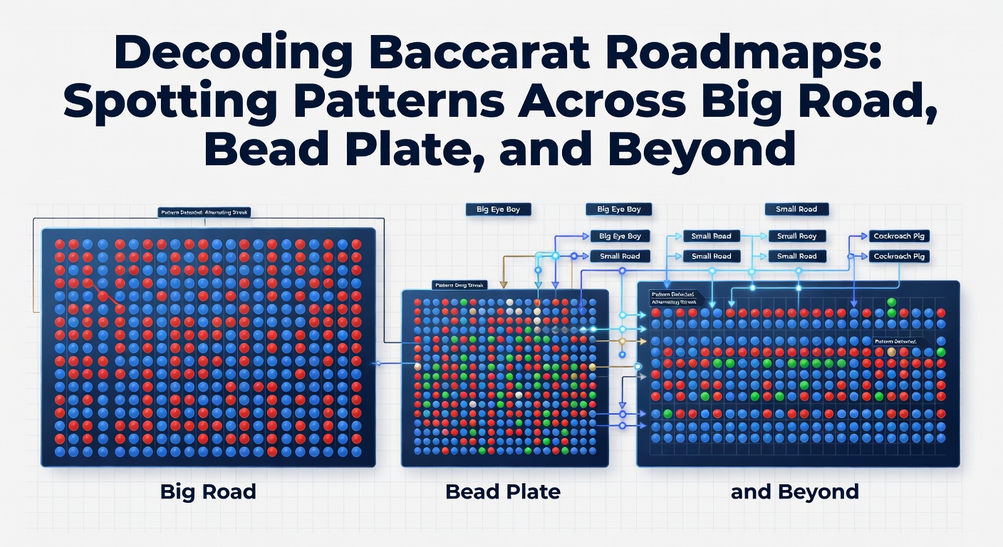 A detailed baccarat Big Road roadmap displayed on a casino table, showing columns of red and blue circles representing Banker and Player wins in a grid pattern