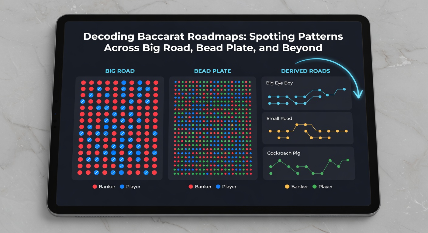 Close-up of a baccarat Bead Plate roadmap with sequential entries in red, blue, and green, forming a chronological timeline of hand outcomes
