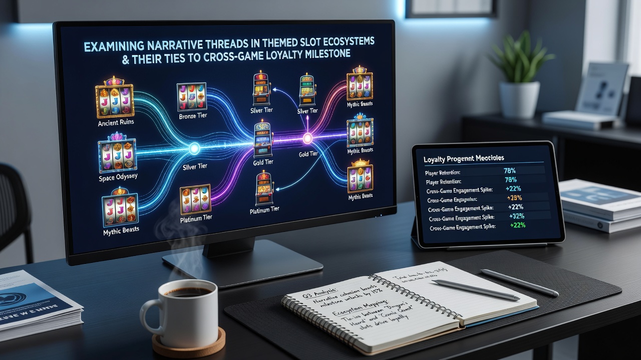 Cross-game loyalty dashboard illustrating milestone progress tied to narrative slot themes