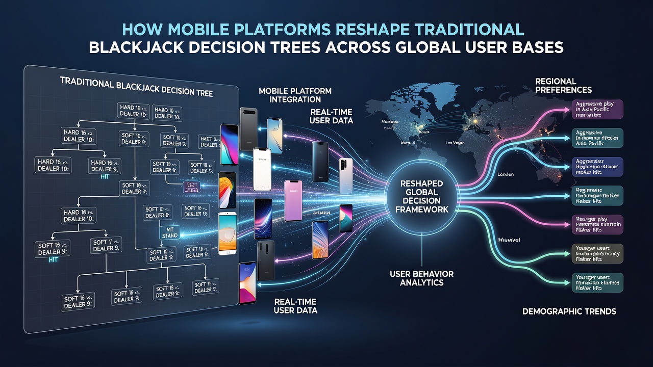 Global map overlay highlighting mobile blackjack usage patterns and decision tree variations by region