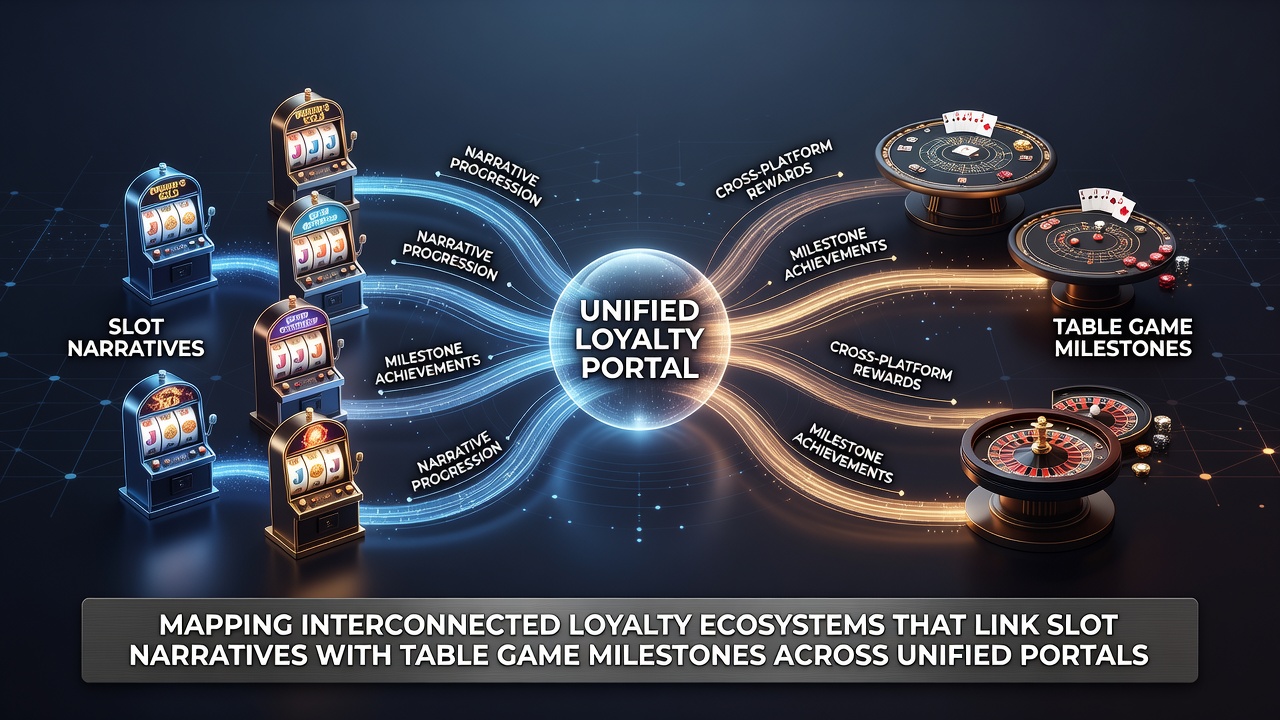 Digital interface showing interconnected loyalty points flowing between slot game narratives and table game milestones in a unified casino portal