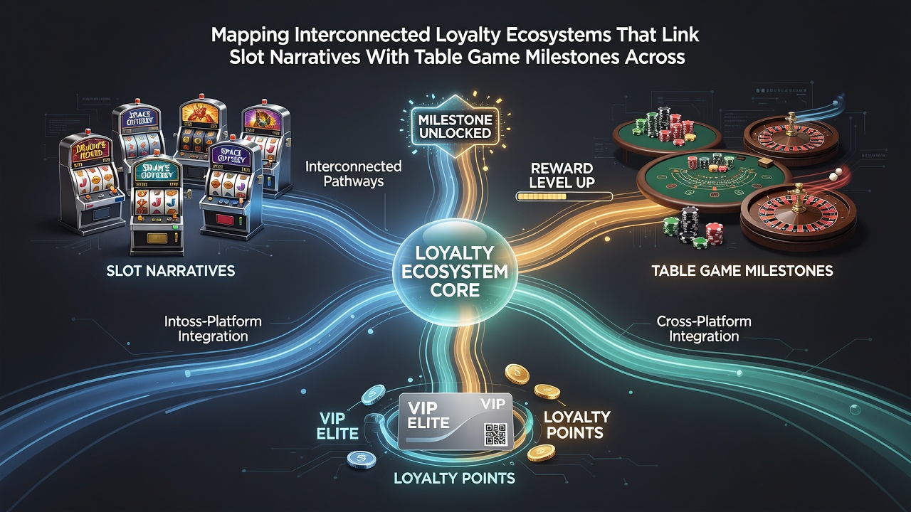 Network diagram illustrating data flows between slot narrative trackers, table game milestone counters, and a central loyalty ledger within unified casino platforms