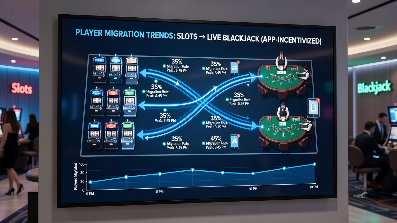 Mobile app screenshot displaying a slot-to-blackjack incentive offer with player migration statistics in the background