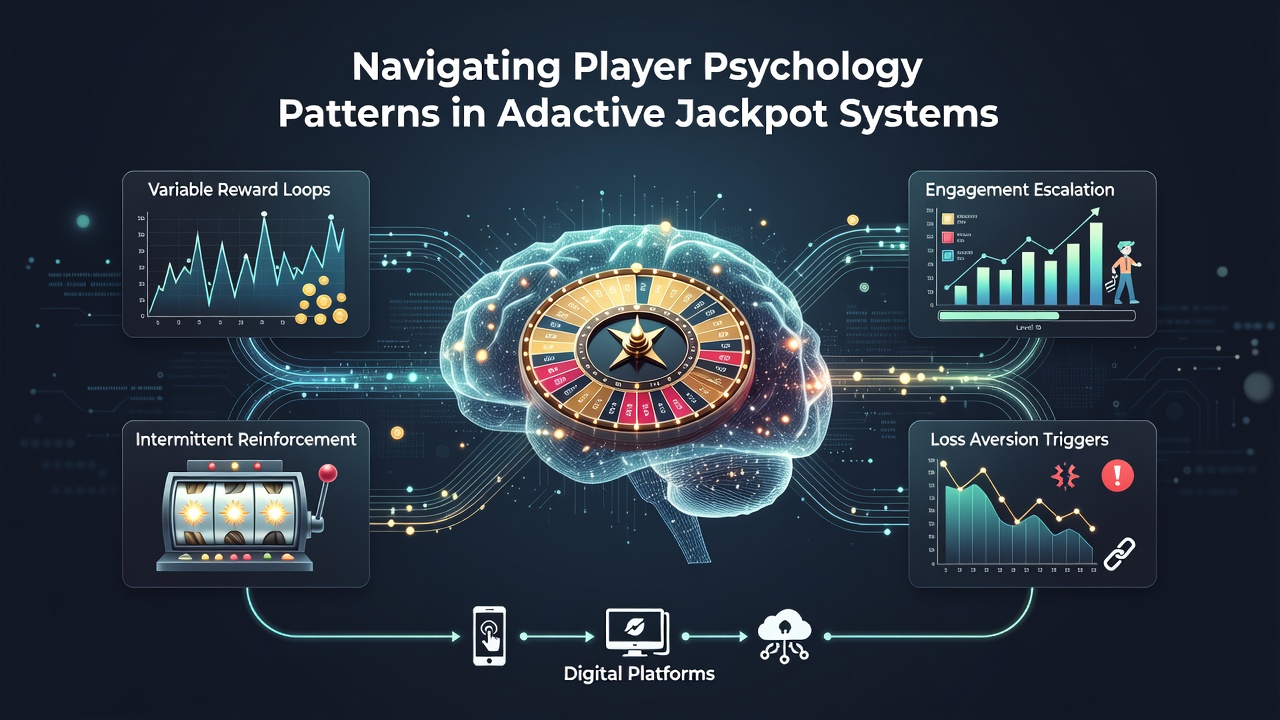 Digital interface showing adaptive jackpot progression across multiple gaming platforms with player behavior indicators