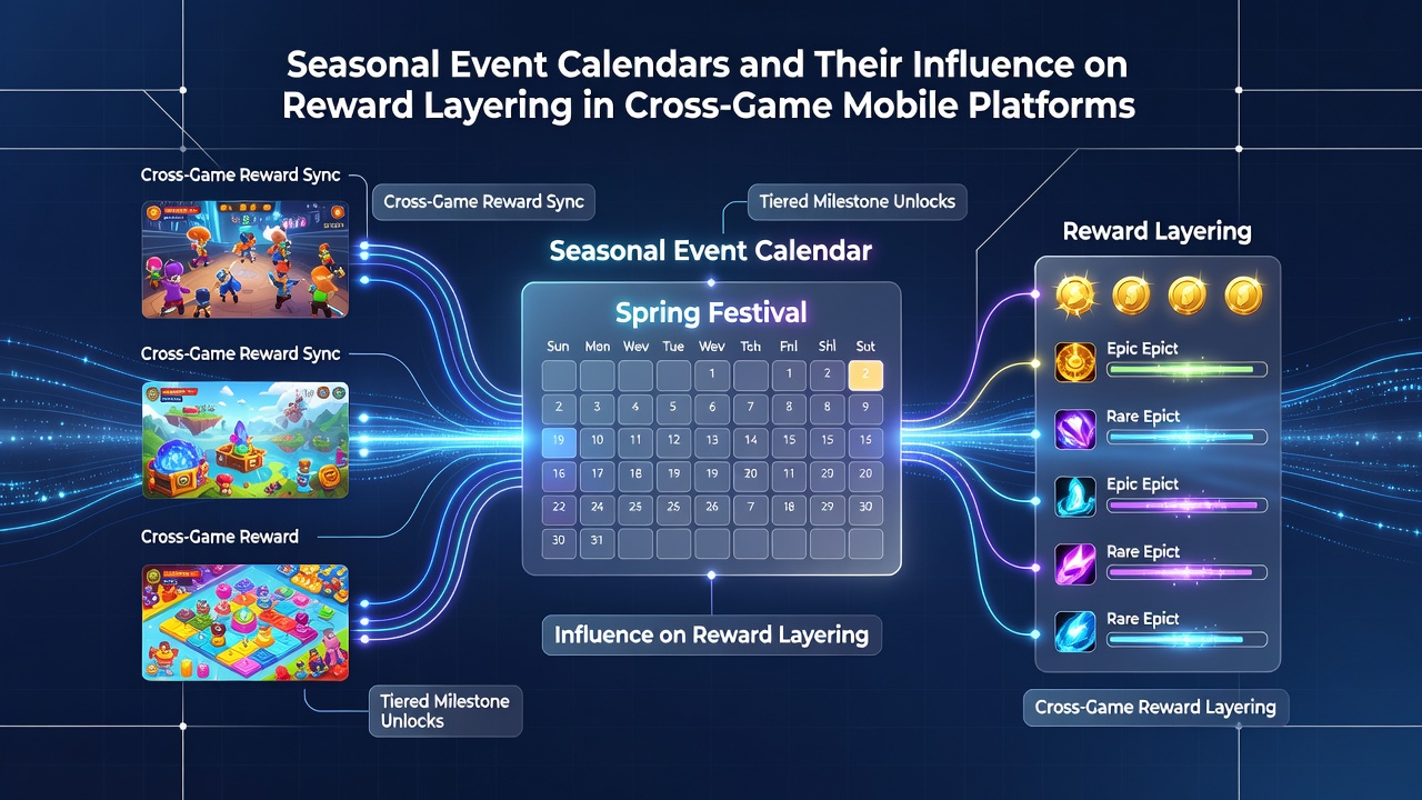 Diagram illustrating reward conversion paths between three mobile games connected through a shared seasonal calendar system