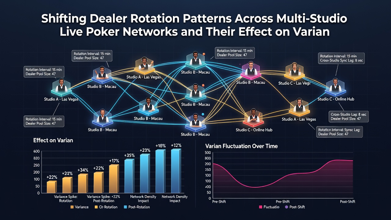 Live poker studio interface displaying variant selection metrics alongside dealer rotation schedules