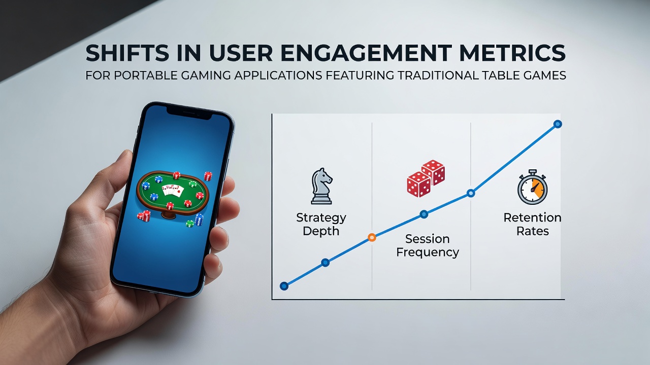 Portable gaming applications on smartphones showing blackjack, roulette and poker interfaces with user engagement dashboards overlaid