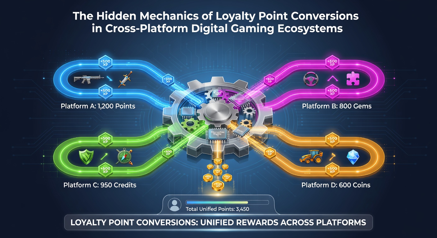 Cross-platform loyalty point conversion flowchart showing data flows between gaming platforms