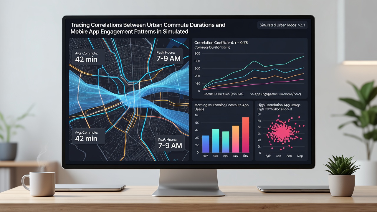Data visualization charts showing commute time versus app session duration for simulated table games