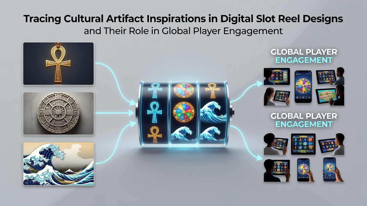 Infographic style chart displaying retention metrics for culturally themed slot games across global regions with artifact icons highlighted